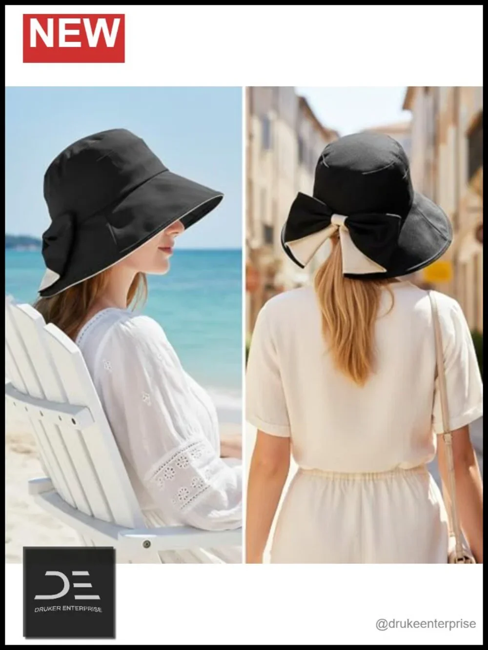 Womens Bucket Sun Hat with Bow Wide Brim Packable Ponytail Beach Hat UPF50+